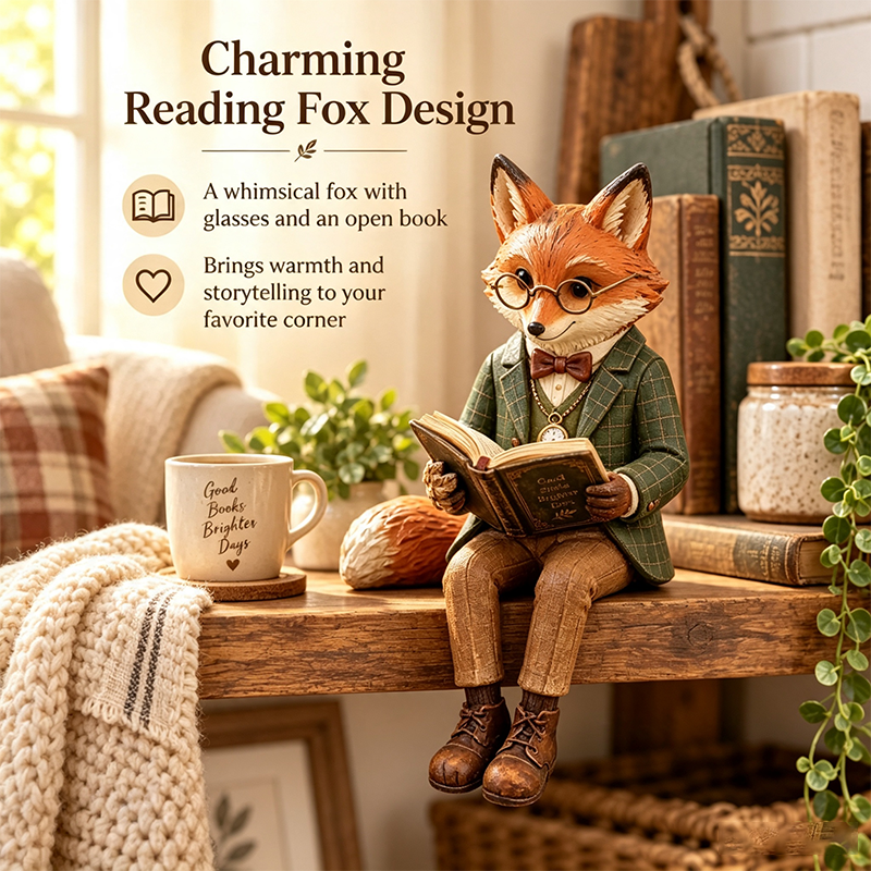 🦊📚 Statuetta della volpe che legge — Decorazione stravagante per gli amanti dei libri ispirata al bosco