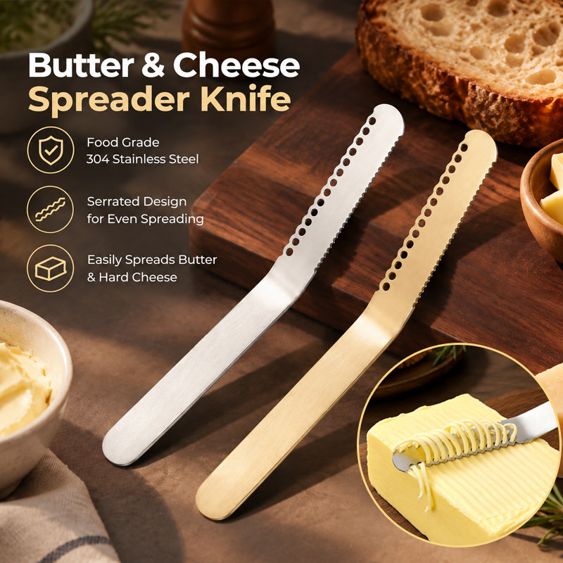🧈🍽️ Espátula Multifunción para Mantequilla y Queso — Borde Curvo, Lado Serrado y 3 Acabados