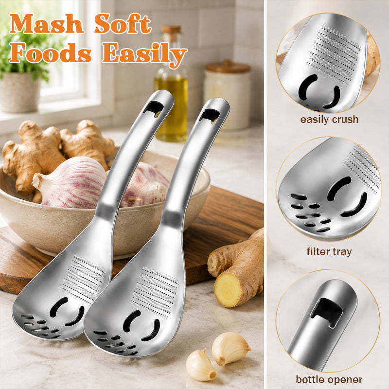 🥄 Cuchara coladora multifunción de acero inoxidable 304｜Para ajo, jengibre, purés y comida infantil