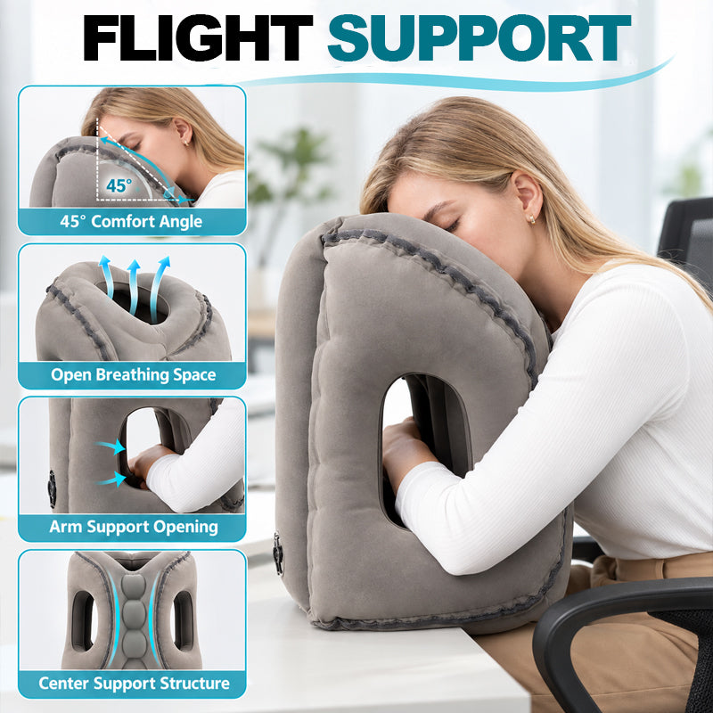 ✈️💤 Almohada inflable portátil para dormir en el avión — Apoyo para descansar en posición frontal y lateral