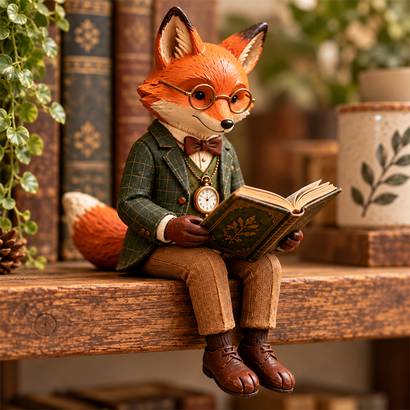 🦊📚 Statuetta della volpe che legge — Decorazione stravagante per gli amanti dei libri ispirata al bosco