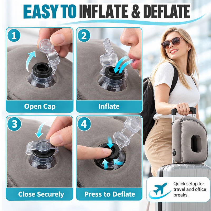 ✈️💤 Almohada inflable portátil para dormir en el avión — Apoyo para descansar en posición frontal y lateral