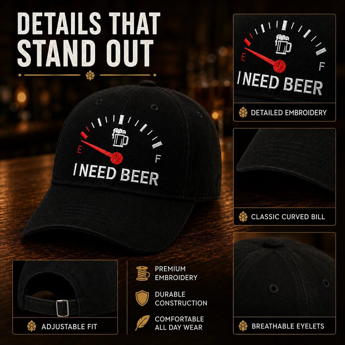 🔥ÚLTIMOS DÍAS 50 % DE DESCUENTO - 🍺 Gorra béisbol bordada «I NEED BEER» – Gorra unisex 🧢