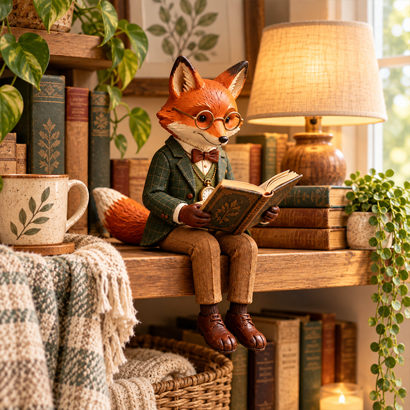🦊📚 Statuetta della volpe che legge — Decorazione stravagante per gli amanti dei libri ispirata al bosco