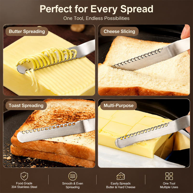 🧈🍽️ Espátula Multifunción para Mantequilla y Queso — Borde Curvo, Lado Serrado y 3 Acabados