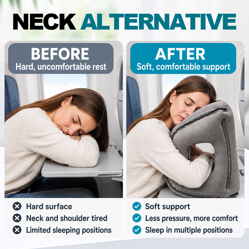 ✈️💤 Almohada inflable portátil para dormir en el avión — Apoyo para descansar en posición frontal y lateral