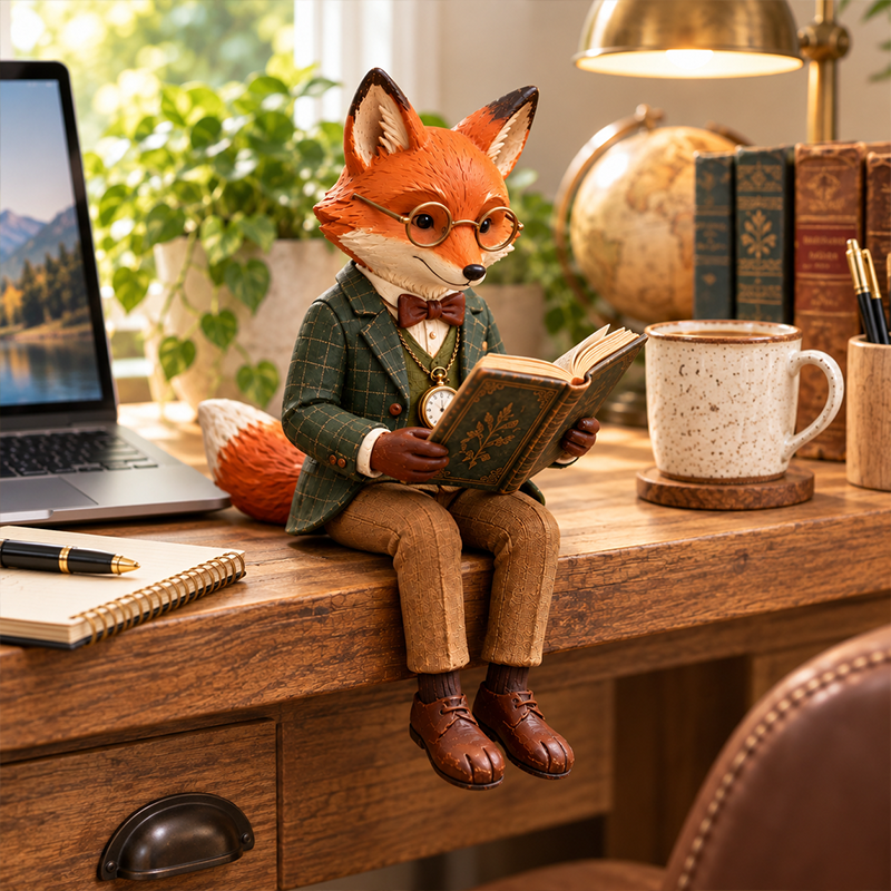 🦊📚 Statuetta della volpe che legge — Decorazione stravagante per gli amanti dei libri ispirata al bosco