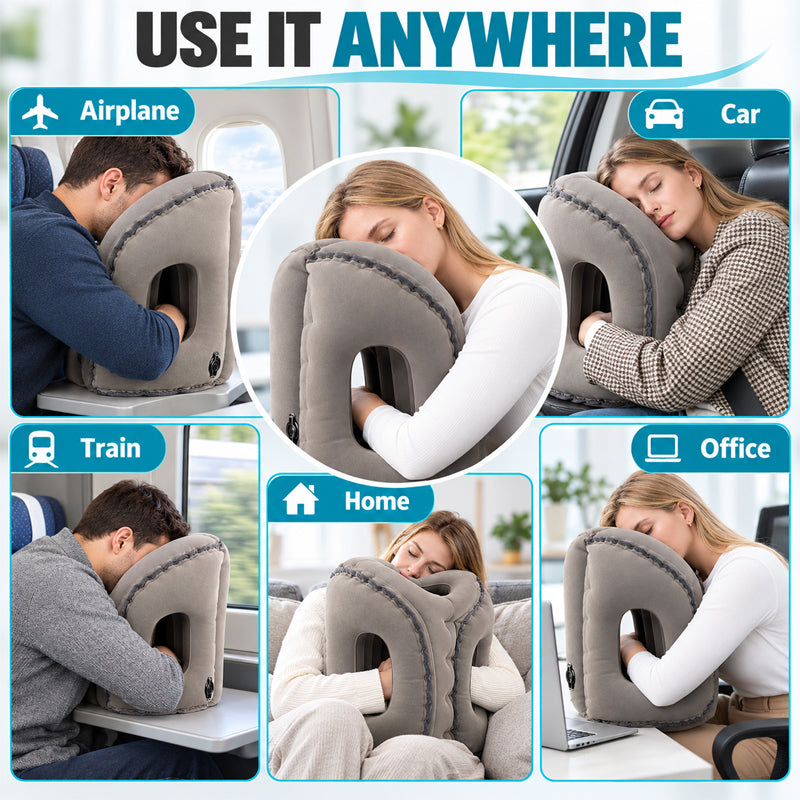 ✈️💤 Almohada inflable portátil para dormir en el avión — Apoyo para descansar en posición frontal y lateral