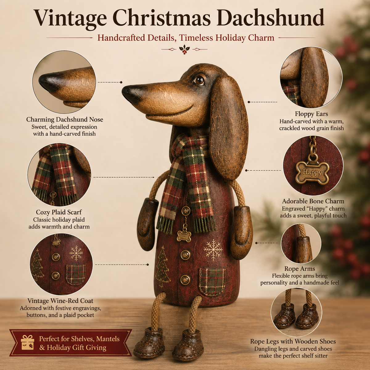 🏡Soportes de estante navideños vintage de perro salchicha