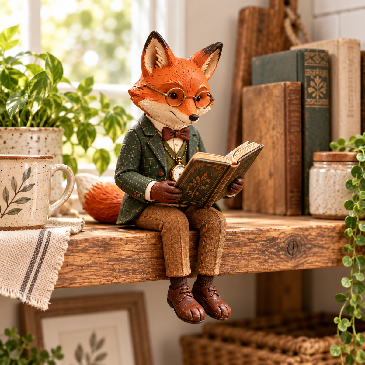 🦊📚 Statuetta della volpe che legge — Decorazione stravagante per gli amanti dei libri ispirata al bosco